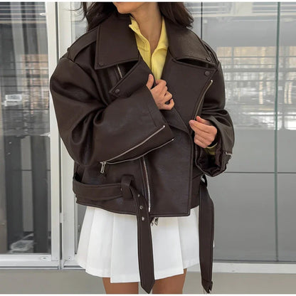 Retro Brown Lace Up Lapel Leather Jacket Women Fashion Zipper Pocket Full Sleeve Short Coat 2025 New Autumn High Street Outwears