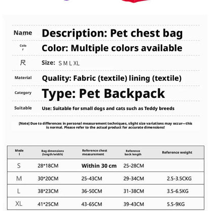 Breathable Pet Dog Cat Chest Carrier Backpack Hands-free Outdoor Travel Bag for Small Pets