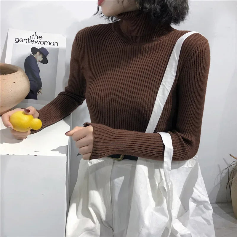 2026 Autumn Winter Sweater Women Knitted Ribbed Pullover Sweater Long Sleeve Turtleneck Slim Jumper Soft Warm Pull Femme