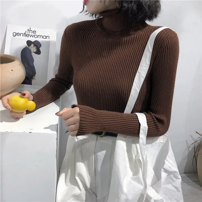 2026 Autumn Winter Sweater Women Knitted Ribbed Pullover Sweater Long Sleeve Turtleneck Slim Jumper Soft Warm Pull Femme