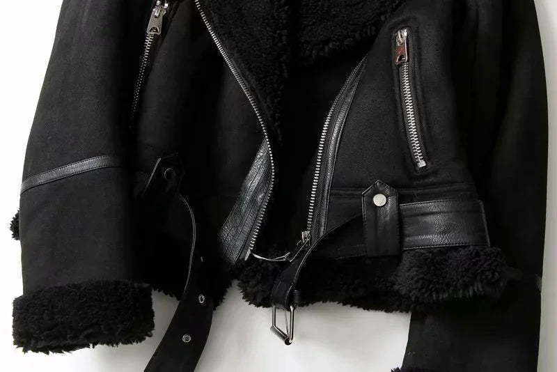Winter Faux Shearling Sheepskin Fake Leather Jackets Lady Thick Warm Suede Lambs Motorcycle Brown Coats Mujer Chaqueta A407