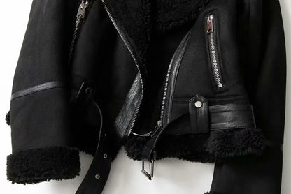 Winter Faux Shearling Sheepskin Fake Leather Jackets Lady Thick Warm Suede Lambs Motorcycle Brown Coats Mujer Chaqueta A407