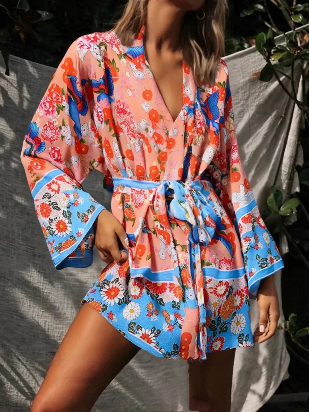 Boho Queens Vintage Peacock Floral Print Sashes Beach Kimono Women Bohemian Wrap Batwing Sleeves Holiday Bikini Cover-ups