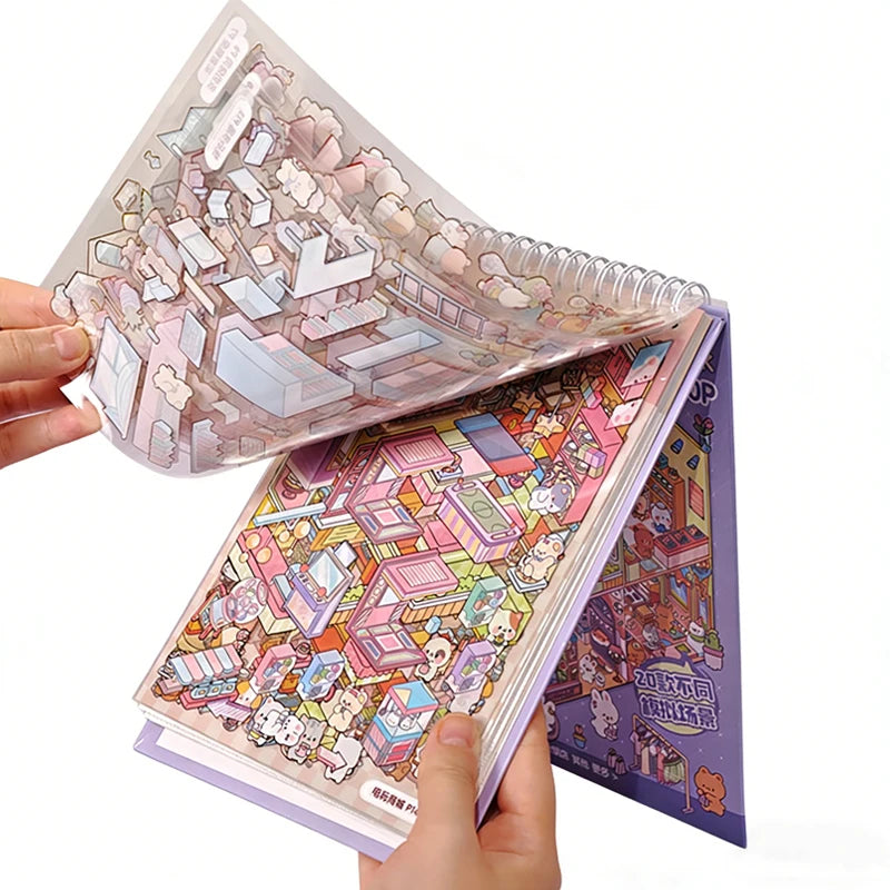 3D Diorama Sticker Book 20 Pages Mini Scene Cute Cartoon Animal Ghosts Theme DIY Scrapbook Toy Fun Stress Relief Kids Adult Gift