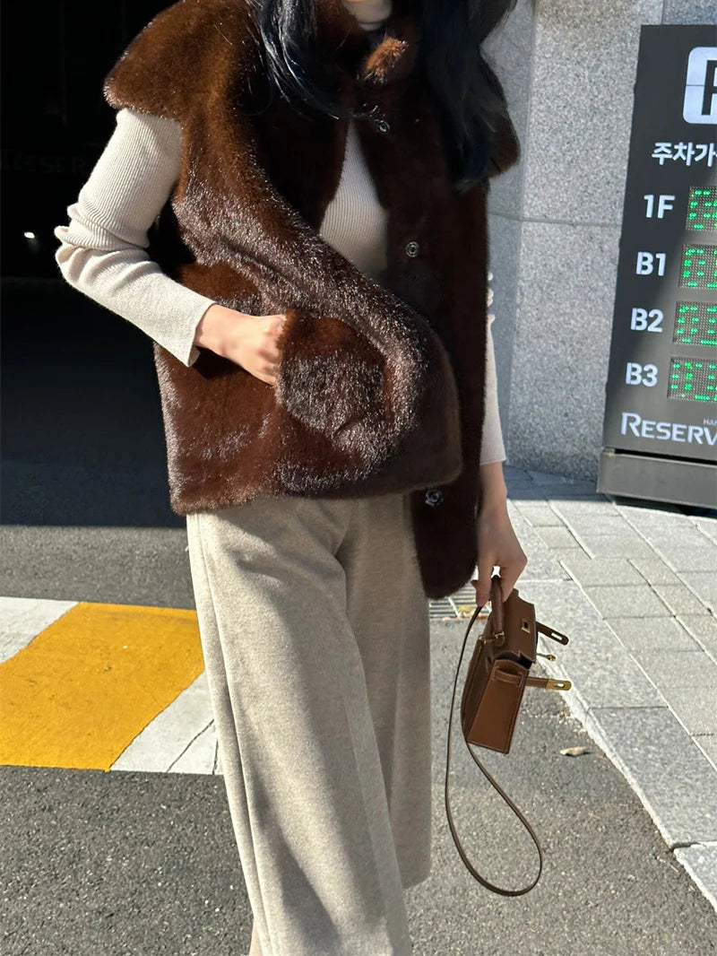 Women's Autumn Winter Faux Mink Hair Stand Collar Sleeveless Loose Vest Jacket Lady Streetwear Single Breasted Faux Fur Vest Top
