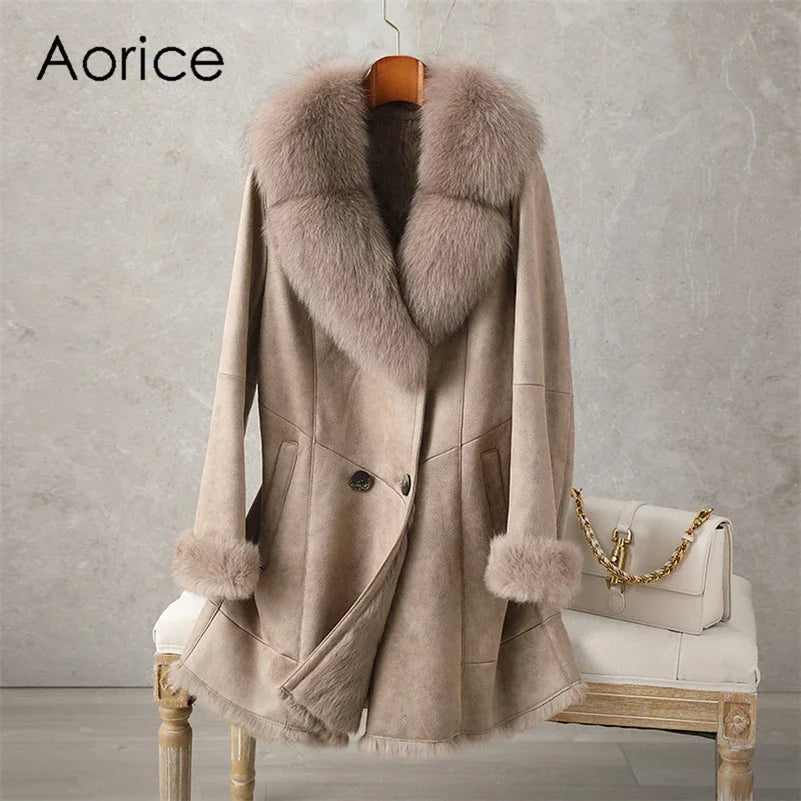 Aorice Women Real Rabbit Leather With Fur Coat Jacket Brand New Female Winter Fox Collar Trench Parka CT189