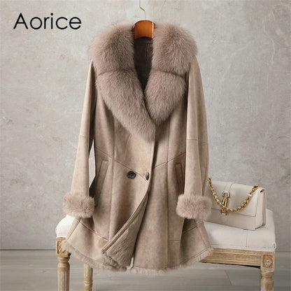 Aorice Women Real Rabbit Leather With Fur Coat Jacket Brand New Female Winter Fox Collar Trench Parka CT189