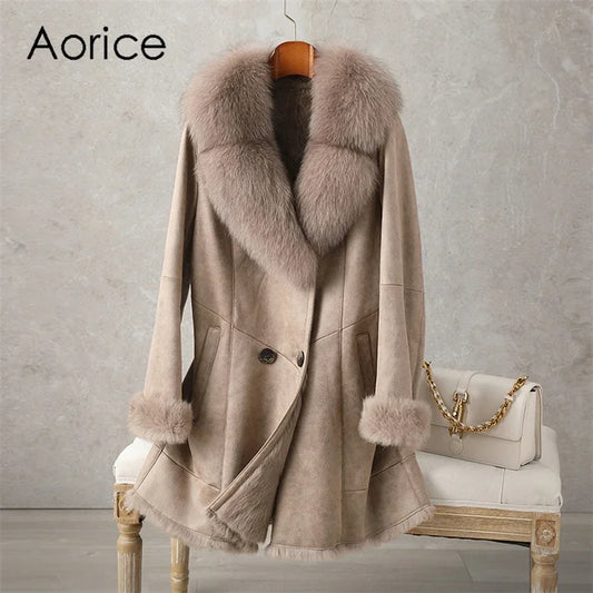 Aorice Women Real Rabbit Leather With Fur Coat Jacket Brand New Female Winter Fox Collar Trench Parka CT189