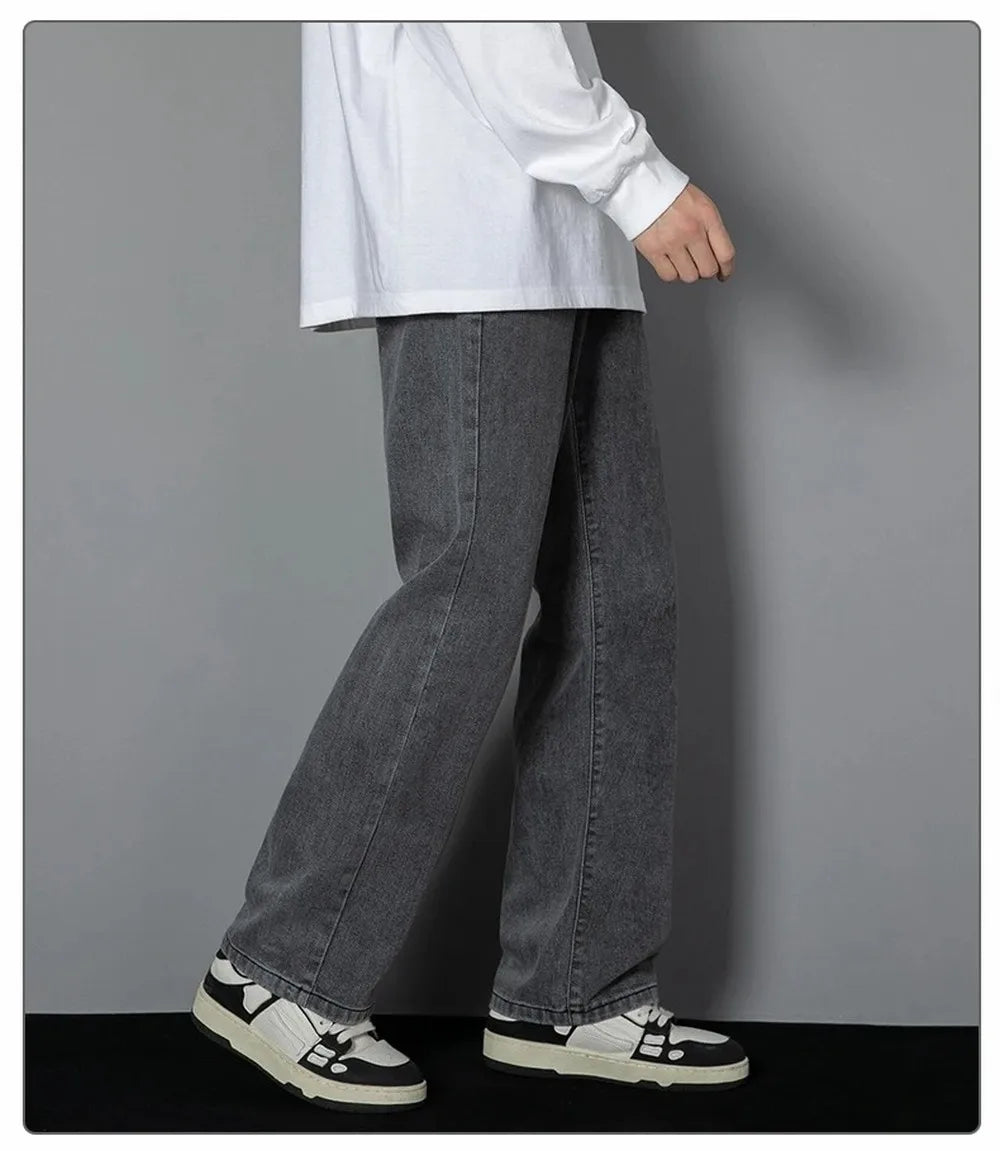 Korean Solid Colors Men's Casual Long Jeans Classic Man Four Seasons Straight Denim Wide-leg Pants Light Blue Grey Black 3XL