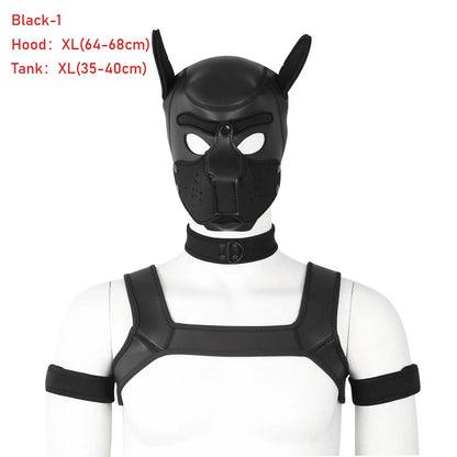 Large Size Puppy Cosplay Neoprene Fetish Hood Mask Kit with Chest Strap Collar Armband Sex Costumes for Bdsm Slave Role Play