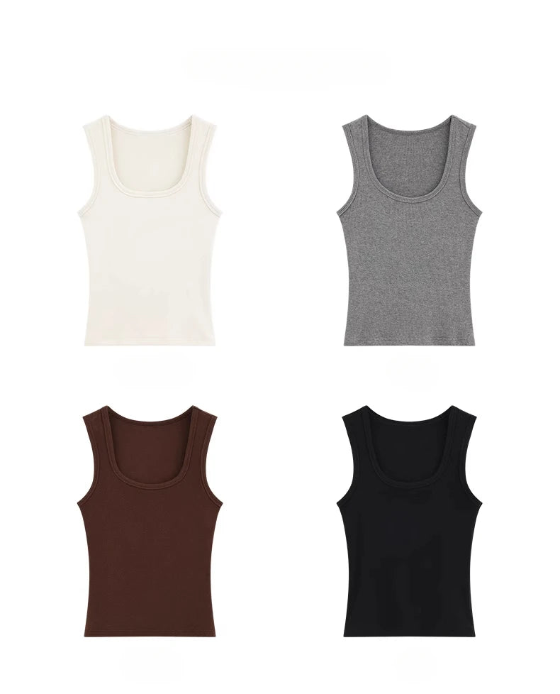 Spring Women U-Neck Knit Tank Top Cashmere-Like Fabric Elastic Slim Fit Sleeveless Camisole Solid Color Base Layer Stylish Vest