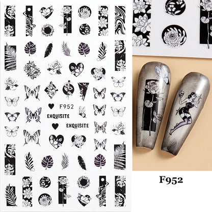 Black and White Love Flowers Line Art 3D Stickers Nail Decals Nail Art Accessories Butterfly Rose Nail Stickers Nail Sliders