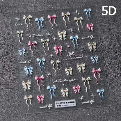 Black White Bow Tie Mini Bowknot Line Rhinestones Gold Silver Laser 5D Self Adhesive Nail Art Decoration Sticker Manicure Decals