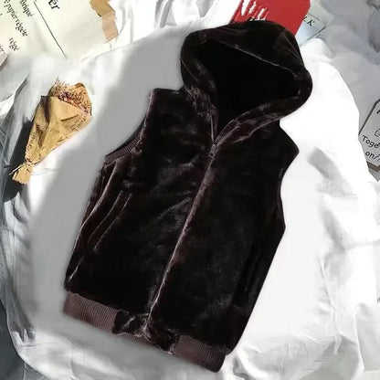 2026 Autumn Winter Men's Thicked Golden Velvet Warm Vest Fashion Solid Sleeveless Zipper Hooded Jacket Fake Fur Couple Waistcoat