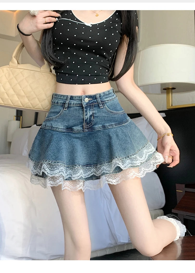 Sweet Sxey Denim Cake Skirt Women Retro Hight Waist A Line Mini Skirt Female Korean Fashion Casual Streetwear Pleated Skirt Y2K
