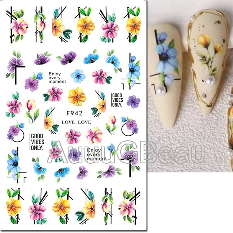 3d Nails Art Decals Spring Fruits Pink Full Tips Peony Magnolia Flowers Adhesive Sliders Stickers Decoration For Nails Manicure
