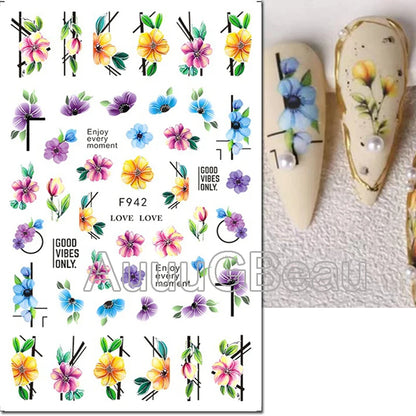 3d Nails Art Decals Spring Fruits Pink Full Tips Peony Magnolia Flowers Adhesive Sliders Stickers Decoration For Nails Manicure