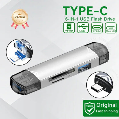 6-in-1 USB 3.0 & Type-C Card Reader OTG – Multi-function SD/TF/Micro SD Card Adapter with USB 3.0 Port, High Speed Data Transfer