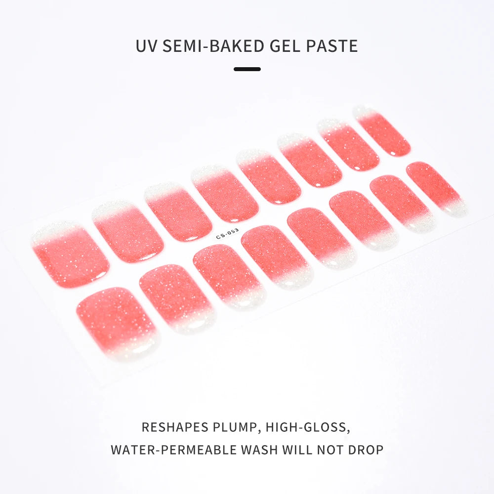16Tips UV Semi-Cured Gel Nail Wraps Sticker 5D Pure Color Full Cover UV Lamp Gel Sticker Long-Lasting Nail Extension Patch Strip