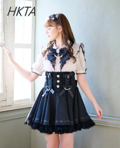 Japanese Liz Skirt High Waist Thin Kawaii Cute Bow Lolita Skirts Women Summer New Elastic High Waist Ruffle Short Pleated Skirt