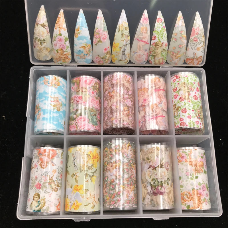 New Flower Nail Foils for Transfer Paper Stickers Floral Adhesive Fruit Nails Wraps Fish DIY Water Marble Nail Art Decorations