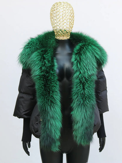 Oversized Winter Warm Real Fox Fur Collar Black Down Coat Women Puffer Outerwear Jackets 2024 Autumn Winter