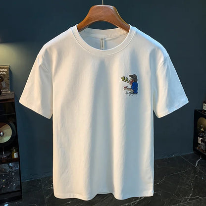 Fashionable men's T-shirt trend abstract artistic print summer loose combed cotton comfortable short sleeved top