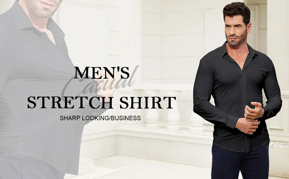 100KG Non-Iron Four-way High Stretch Men's Long Sleeve Shirt Silky Soft Sommth Blue Black Business Party Wedding Male Clothing