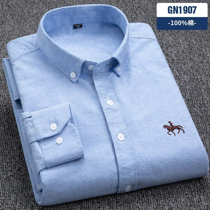 Casual cotton men's shirt slim fit horse logo bottom inch shirt Oxford spinning long sleeved striped shirt