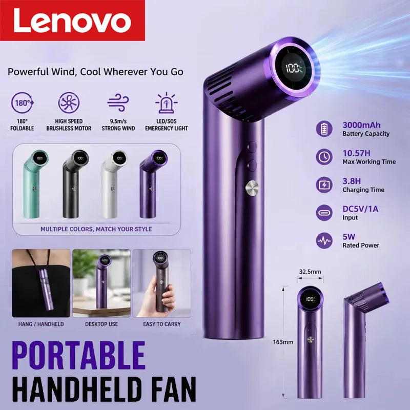 Lenovo Portable Foldable Handheld Fan Brushless Motor USB Rechargeable Mini Fan 199-Speed Settings with LED Display Small Fan