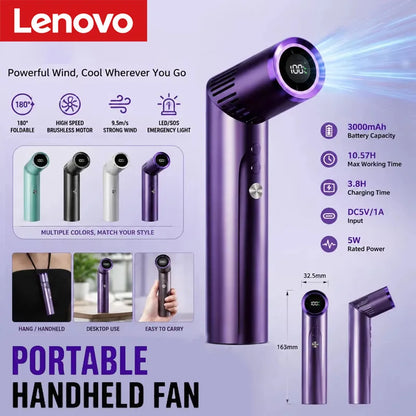 Lenovo Portable Foldable Handheld Fan Brushless Motor USB Rechargeable Mini Fan 199-Speed Settings with LED Display Small Fan