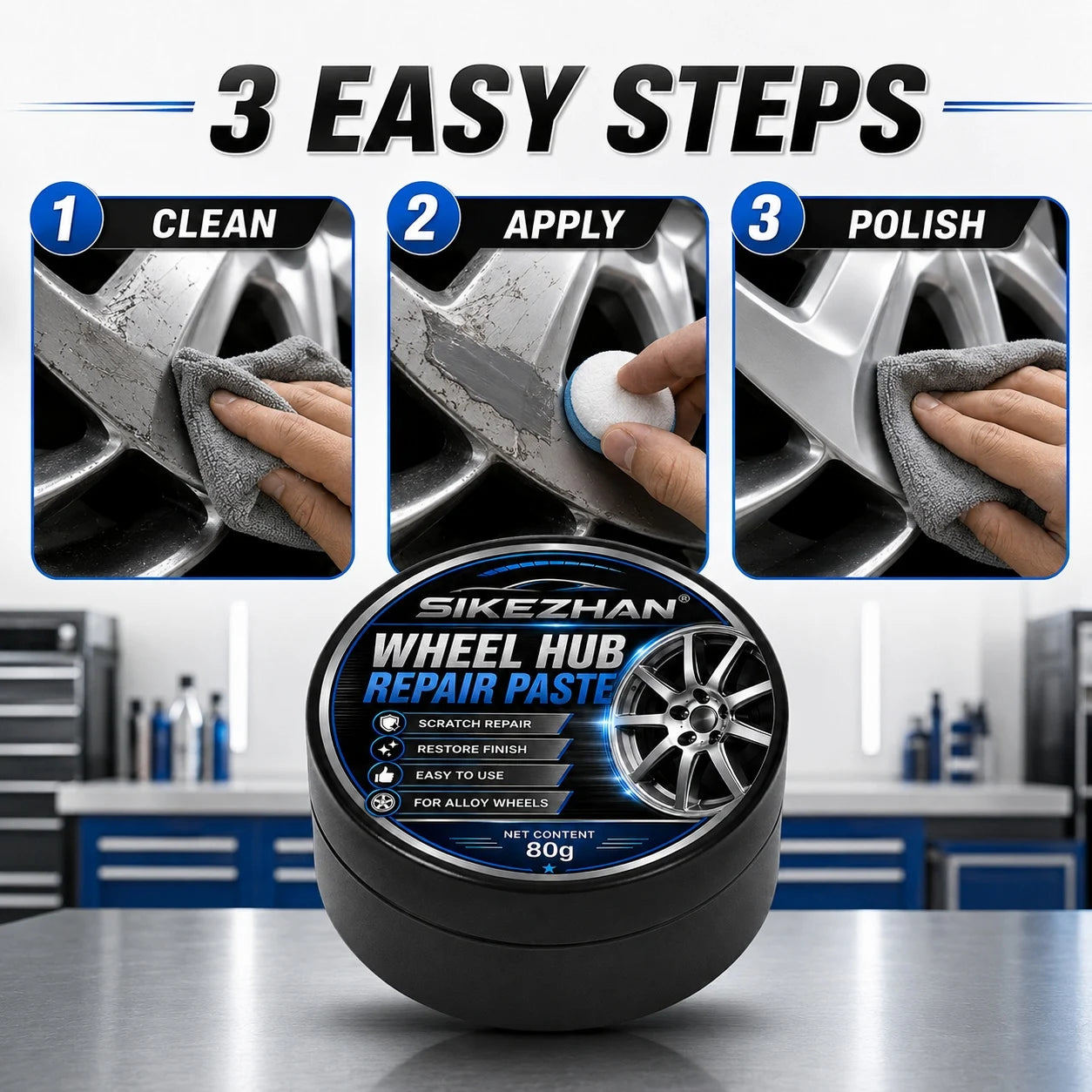 SIKEZHAN 80g Car Wheel Hub Repair Paste,Scratch & Oxidation Remover, Color Restorer and Polish Wax for Alloy Chrome Rims & Tires