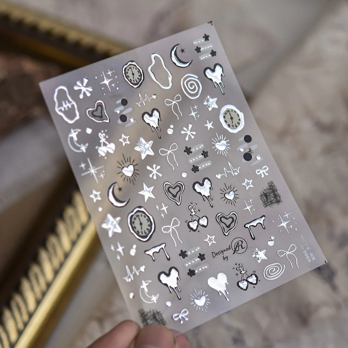 1Pcs 5D Metal Y2K Liquid Love Star Moon Nail Art Sticker Punk Style Silver Clock Heartbeat Heart Slider Romantic Manicure Decals