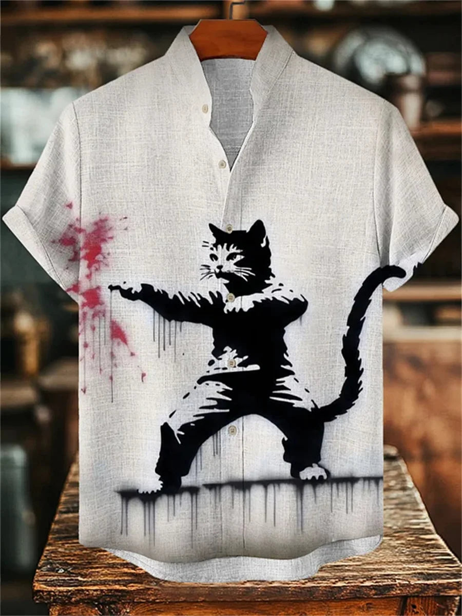 Men's short-sleeved shirt with cat and dinosaur print, casual and stylish vacation-style men's top, fashionable Hawaiian design.