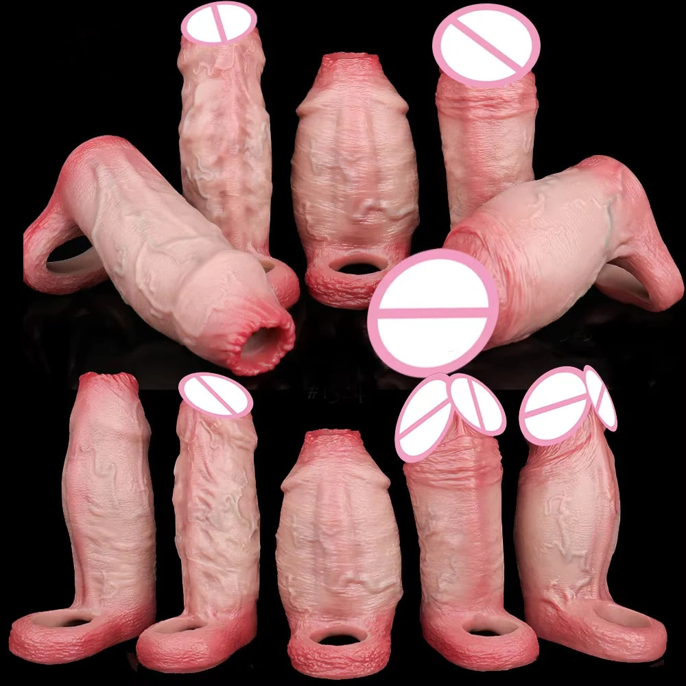 FAAK Silicone Penis Sleeve Ring Realistic Hollow Dildo Size S M Dildo Sheath Delay Ejaculating Cock Enlarger Sex Toys For Men