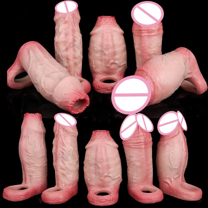FAAK Silicone Penis Sleeve Ring Realistic Hollow Dildo Size S M Dildo Sheath Delay Ejaculating Cock Enlarger Sex Toys For Men