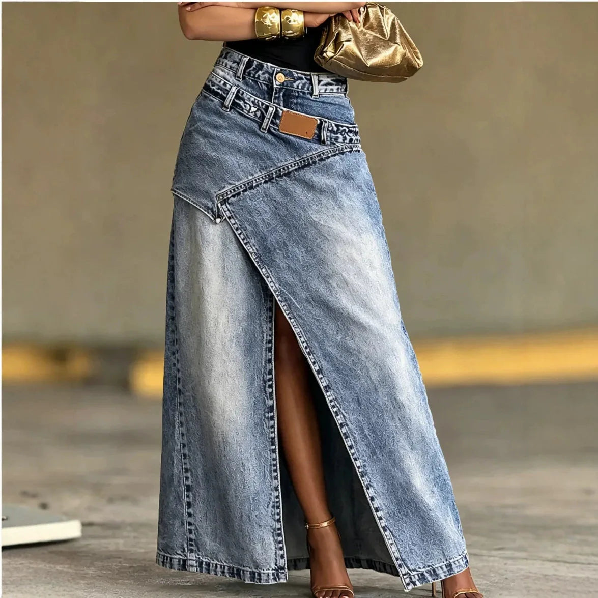 Fashion Distressed Wash Retro Denim Maxi Skirt Women's High Waist Asymmetric Wrap Front Slit Decor Stitching Long Jean Skirt New
