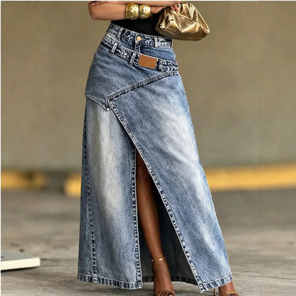 Fashion Distressed Wash Retro Denim Maxi Skirt Women's High Waist Asymmetric Wrap Front Slit Decor Stitching Long Jean Skirt New