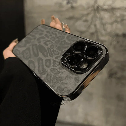 Luxury Plating Leopard Texture Leather Case For iPhone 17 16 15 14 Plus 13 12 11 Pro Max Lens Protection Shockproof  Cover Capa