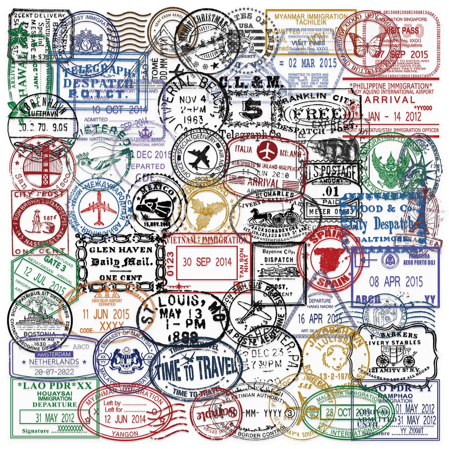 60pcs Vintage Passport Stamps Transparent Stickers Travel Decals For Phone Notebook Luggage Skateboard Guitar DIY Sticker Toy
