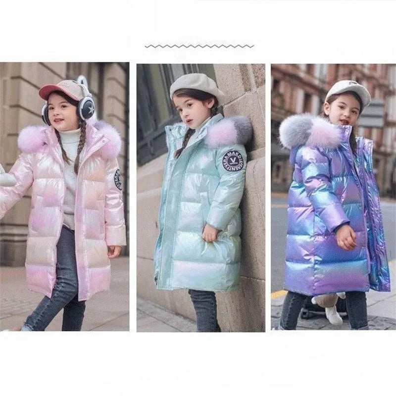 Winter Girls Shiny Hooded Down Jacket Fur Collar Windproof Coat Teenage Outerwear Kids Parka Snowsuit Clothing New 5-14 Years