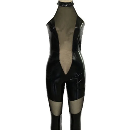 Women Centre Mesh Splice Backless Jumpsuit Glossy Patent Leather Temptation Uniform Tight Stretch Pencil Pants Nightclub Rompers