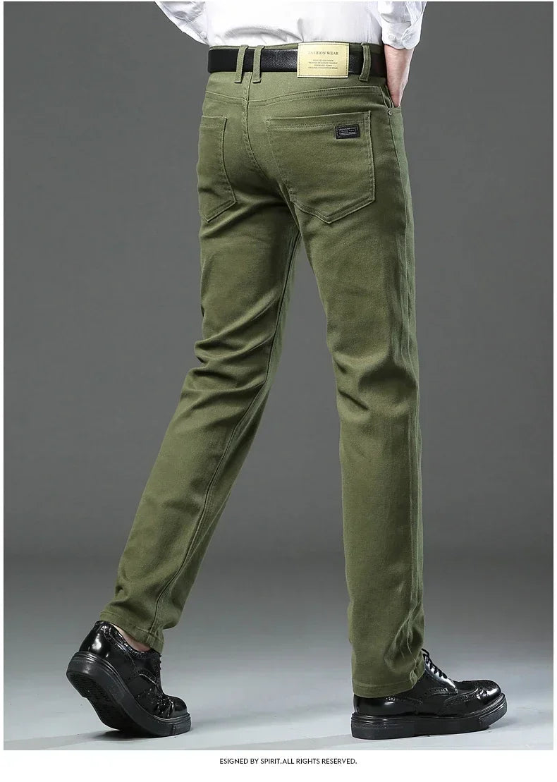 Autumn 96% Cotton Men's Stretch Slim Jeans Army Green Soft Comfortable Casual Straight Denim Pants Trousers Large Size 42