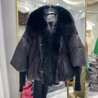 Oversized Winter Warm Real Fox Fur Collar Black Down Coat Women Puffer Outerwear Jackets 2024 Autumn Winter