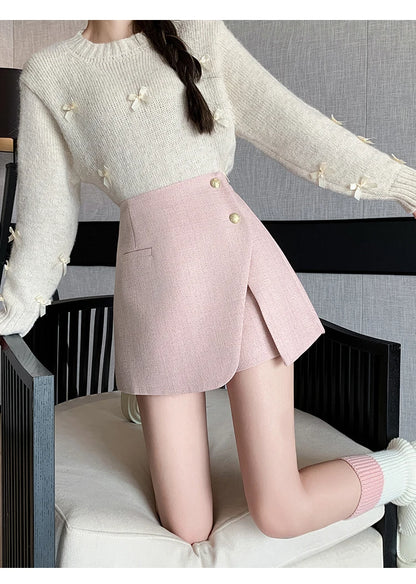 Autumn Winter Tweed Skirts Shorts Women Fashion Streetwear Cross Irregular Booty Shorts Pink Black Culottes Wide Leg Short Pants