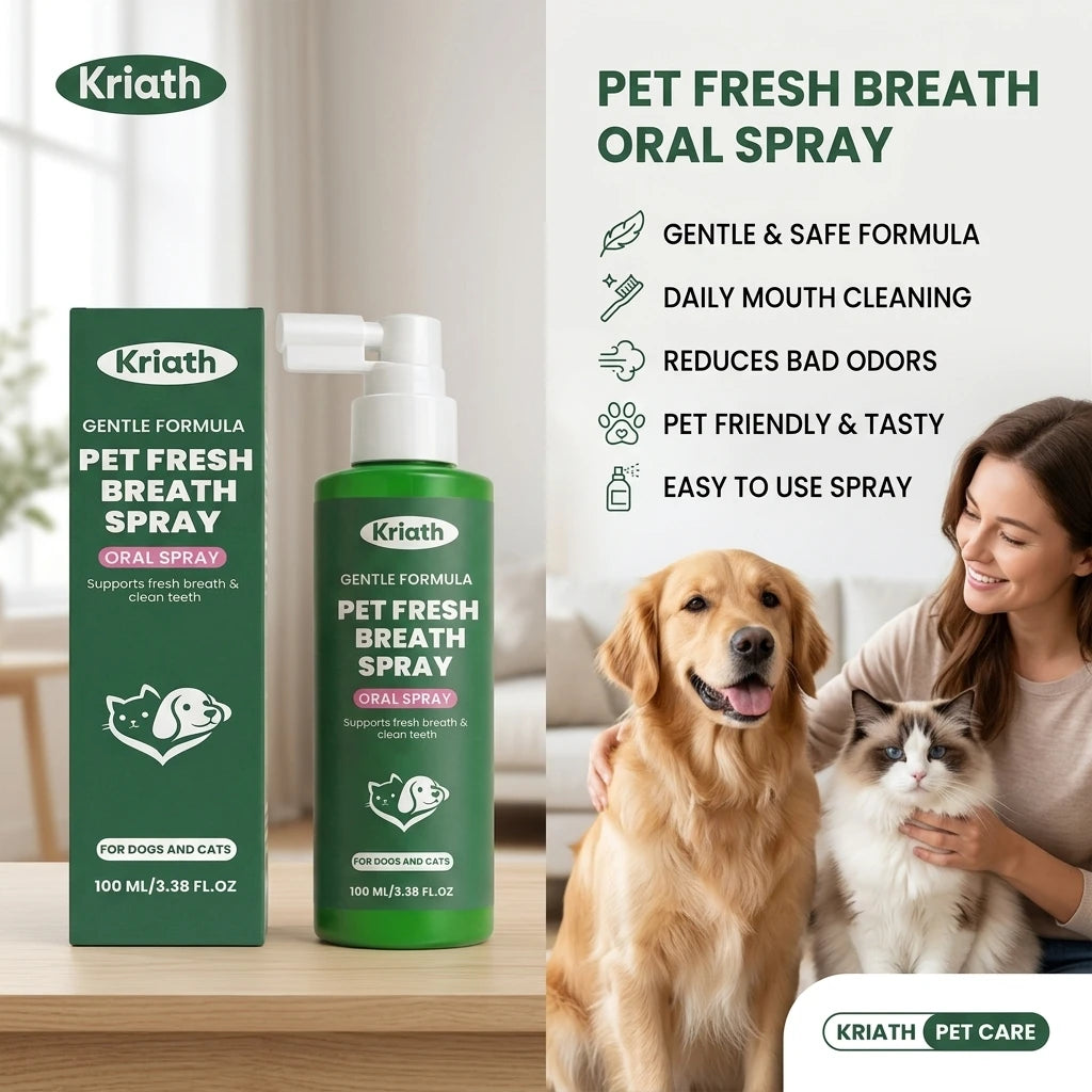 Kriath Pet Fresh Breath Oral Spray Removing Plaque Buildup Eliminate Bad Odor Relieve Oral Discomfort Pet Teeth & Gum Care Mist