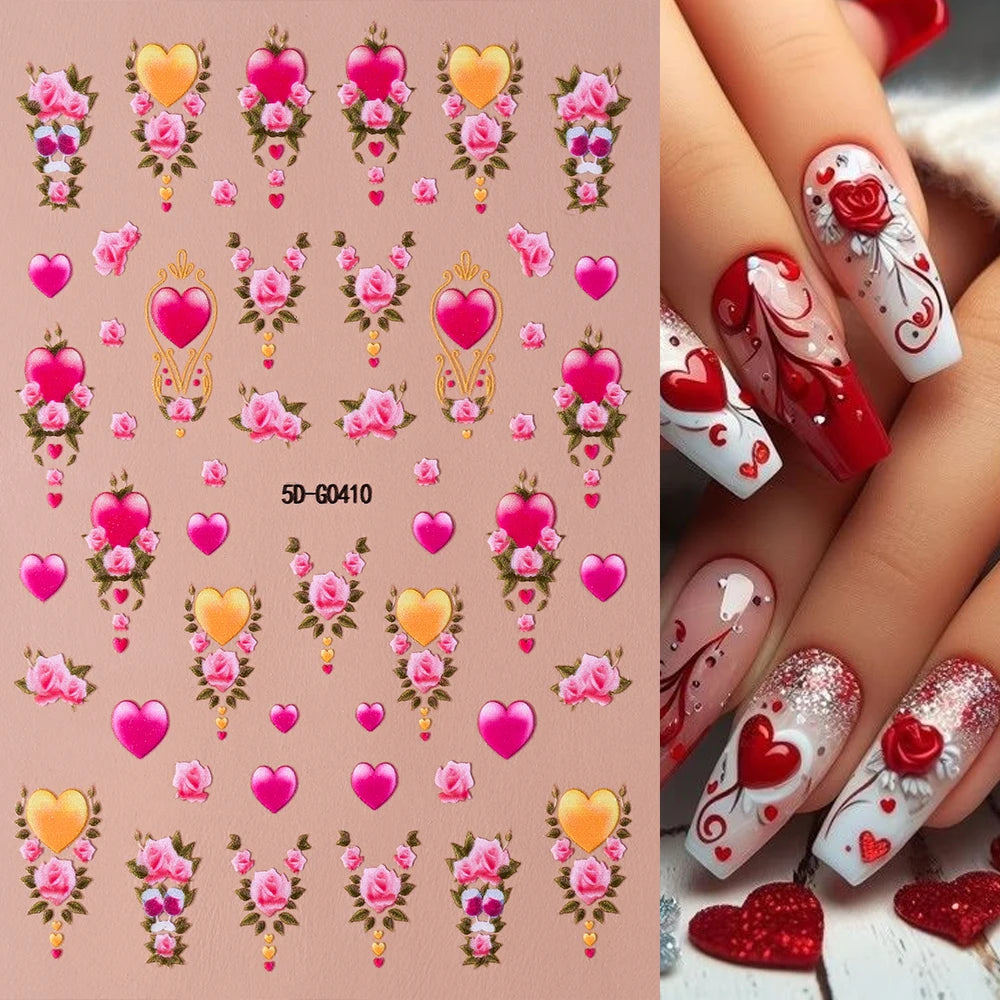 1sheet 5D Sexy Red Lips Nail Decal Stickers KISS Love Heart Valentine's Day Self-adhesive Nail Slider DIY Romantic Nail Decor