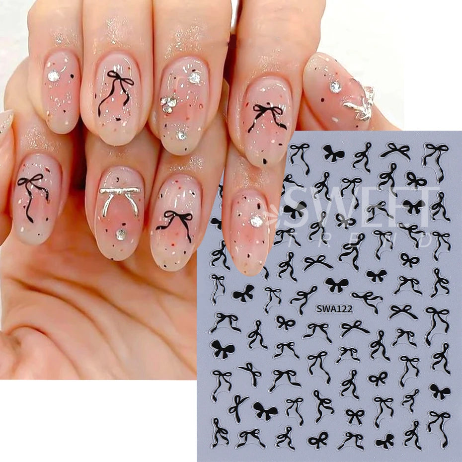 4/8pcs Bowknot Ribbon Nail Stickers Mini Kawaii Lace Bow Tie Design Self-Adhesive Nail Art Decals DIY Manicure Supplies Decor