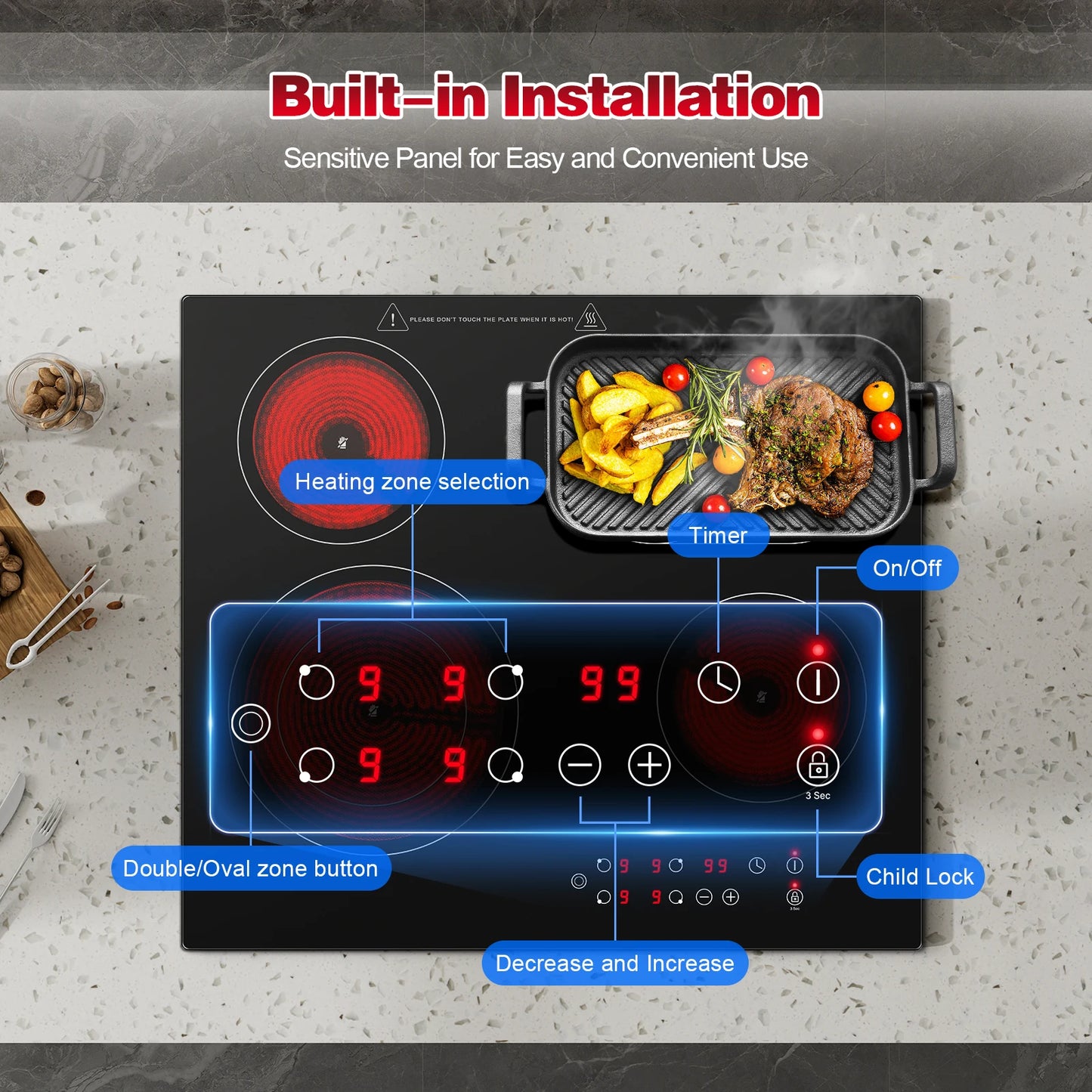 2-Zone Ceramic Hob, 3000W with Child Lock, 9 Heat Levels, 1-99min Timer, Black (CE Certified)
