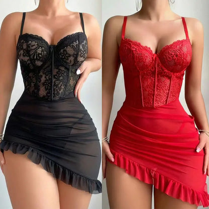 Transparent Underwire Bra Erotic Set Sexy Fairy Lingerie Women's See Through Lace Nightdress Pajamas Sets Delicate Sexy Nighty